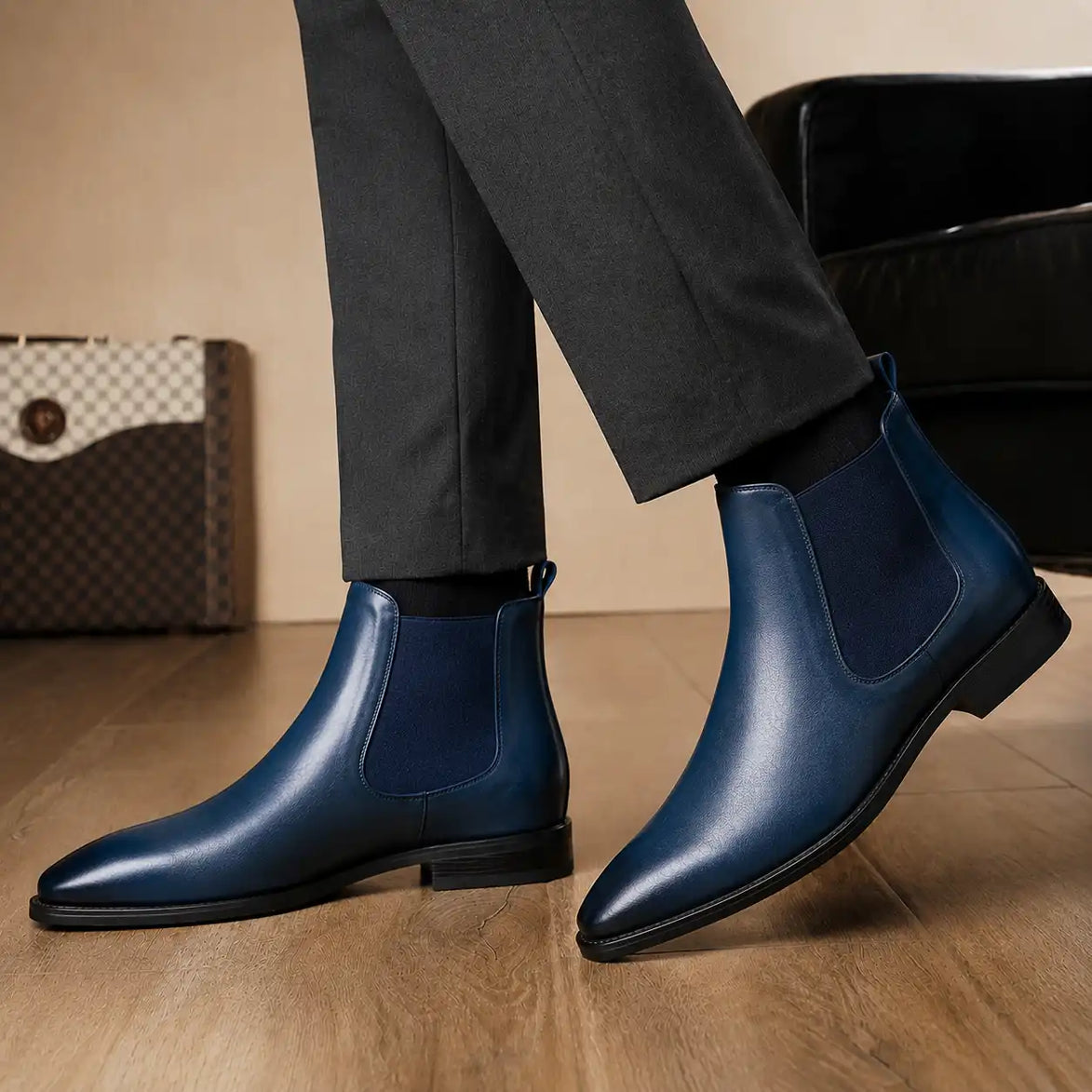Mazarine Chelsea Boot in steel blue leather worn with trousers, on-feet lifestyle shot