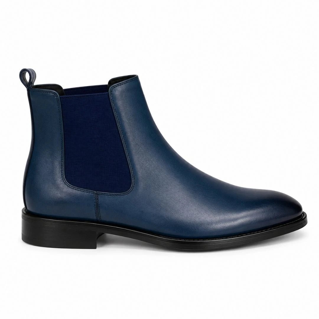 Side profile of the Mazarine Chelsea Boot in steel blue leather on white background