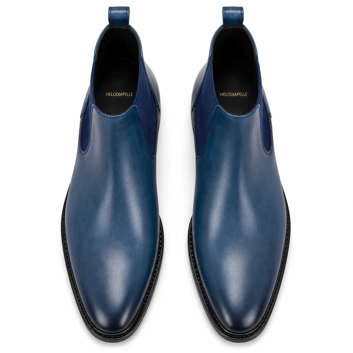 Melodiapelle Mazarine Chelsea Boot in steel blue leather, pair top-down view, handcrafted in Agra