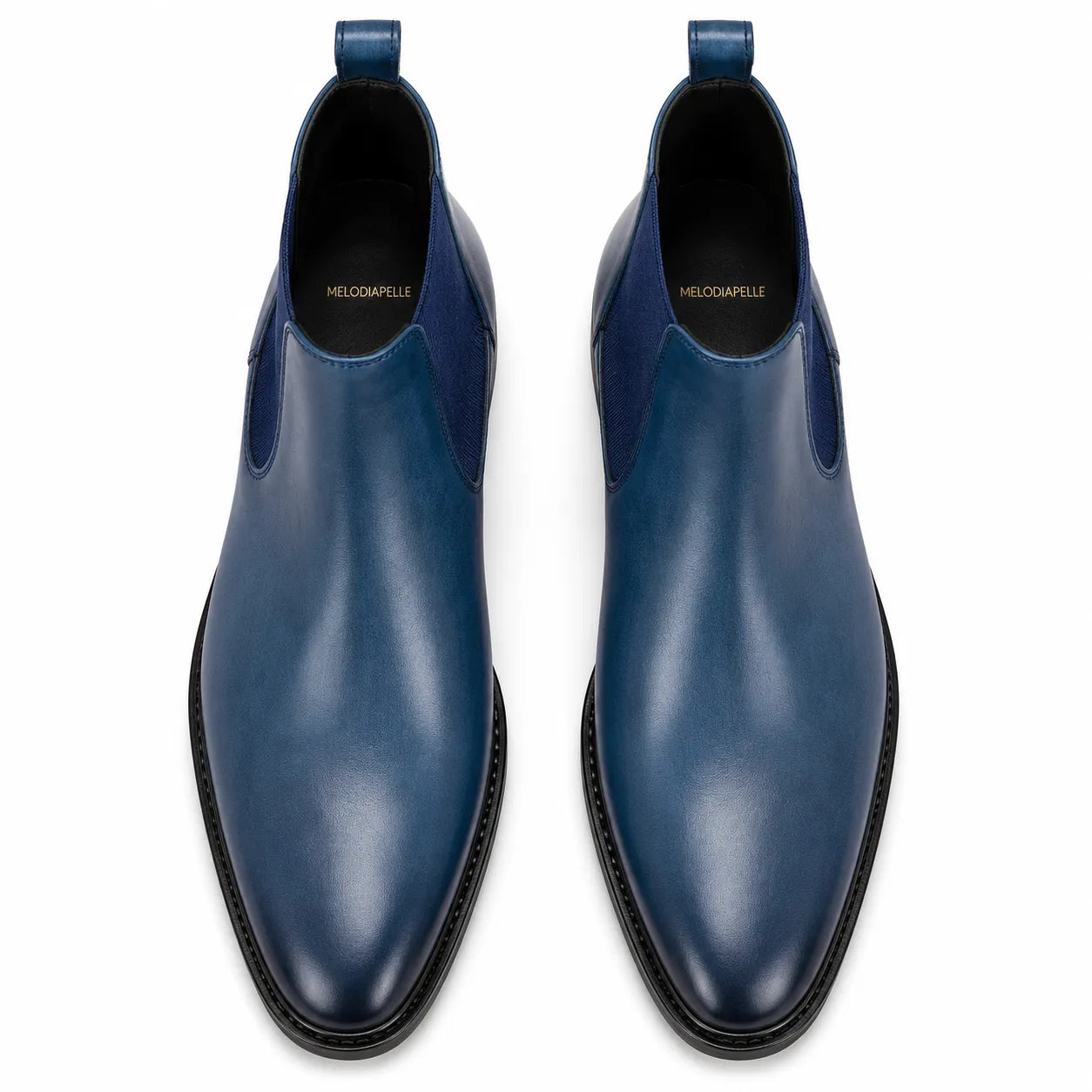 Melodiapelle Mazarine Chelsea Boot in steel blue leather, pair top-down view, handcrafted in Agra