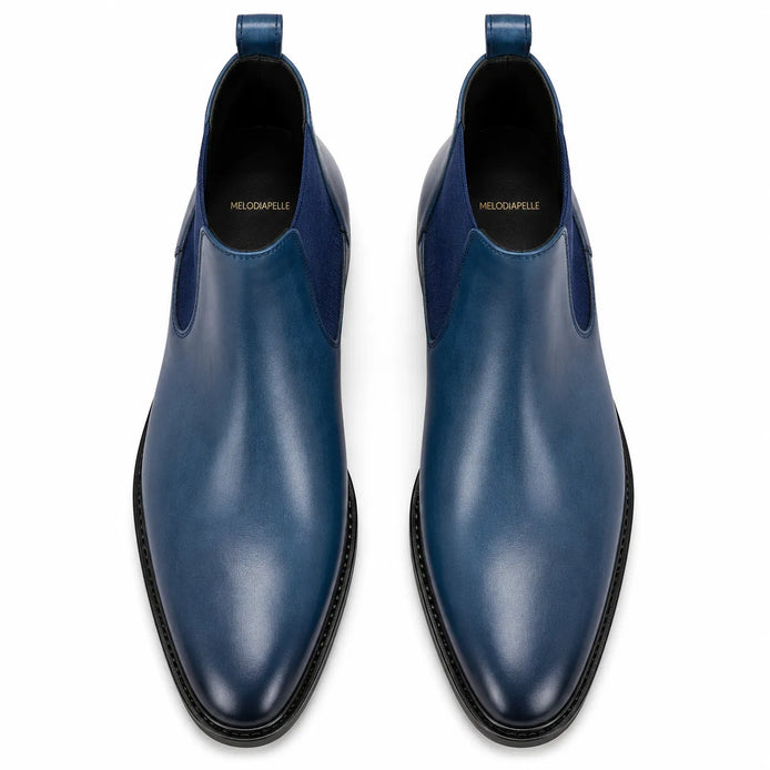 Melodiapelle Mazarine Chelsea Boot in steel blue leather, pair top-down view, handcrafted in Agra
