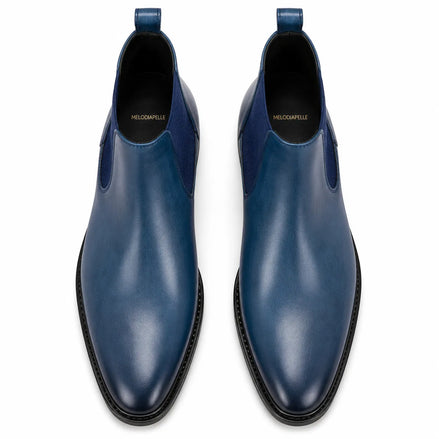 Melodiapelle Mazarine Chelsea Boot in steel blue leather, pair top-down view, handcrafted in Agra