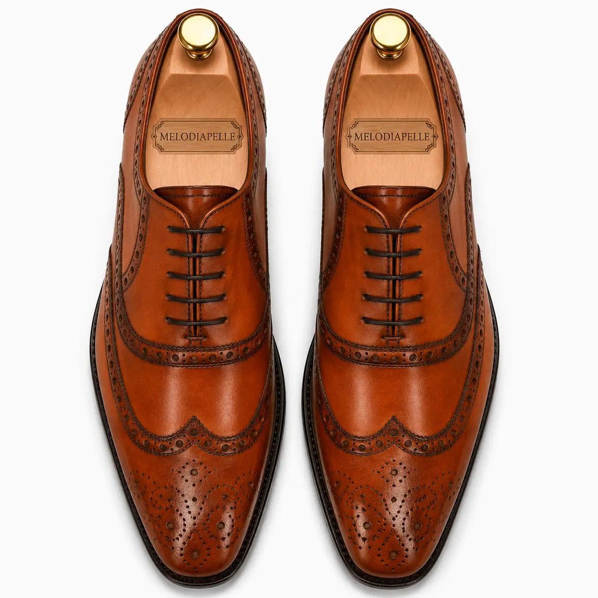 Melodiapelle Mazaro Wingtip Brogue Oxford in cognac tan leather, pair top-down view, handcrafted in Agra