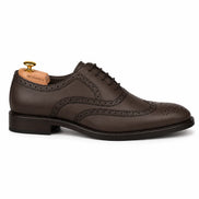 Side profile of the Mazaro Wingtip Brogue Oxford in dark brown leather on white background