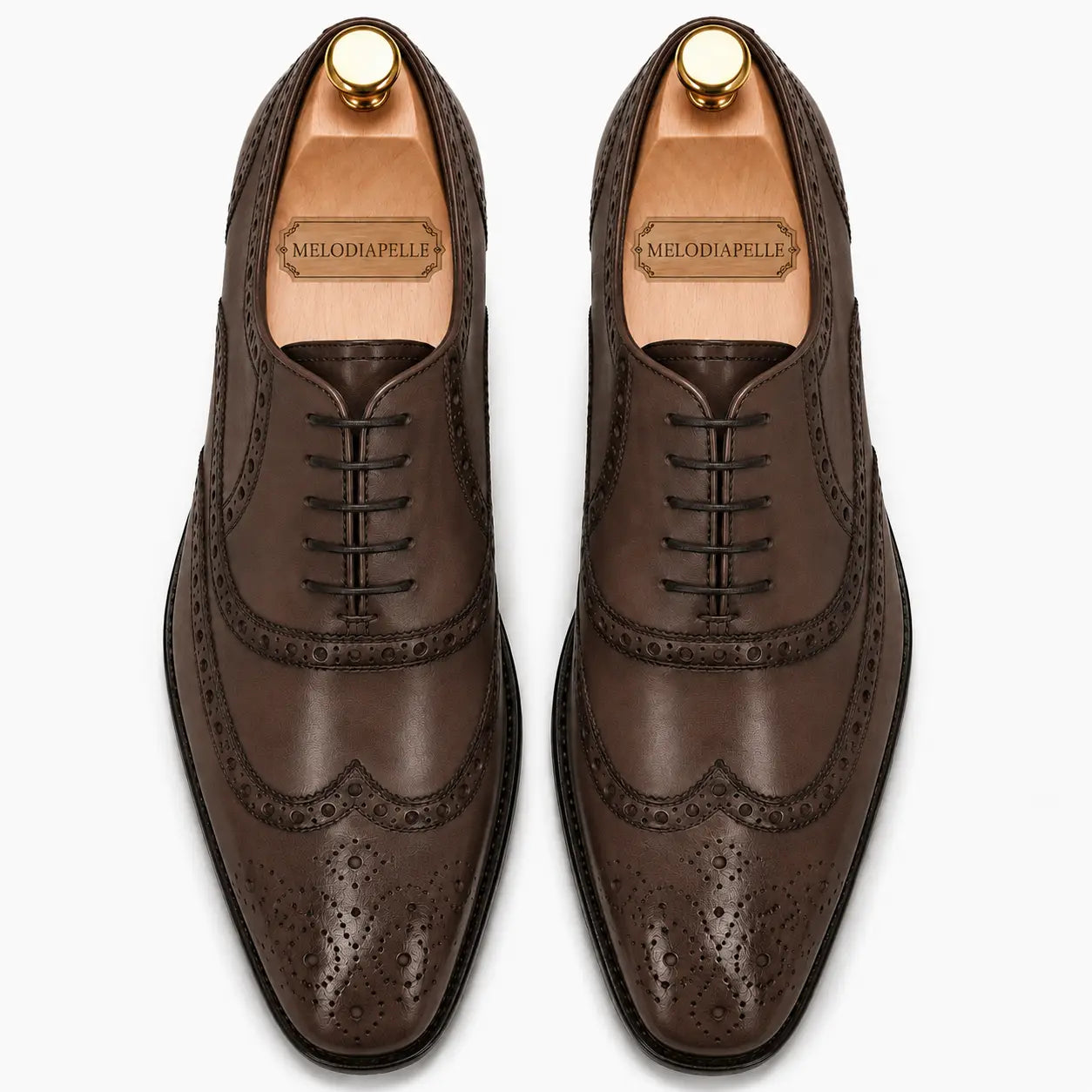 Melodiapelle Mazaro Wingtip Brogue Oxford in dark brown leather, pair top-down view, handcrafted in Agra