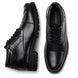 Black leather cap-toe combat boot, three-quarter angle showing heel and sole detailing