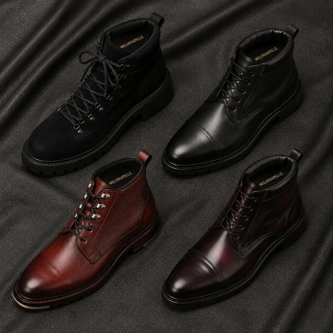 Melodiapelle Mcallen Combat Boot collection in black, brown and tan leather, handcrafted cap-toe combat boots displayed together