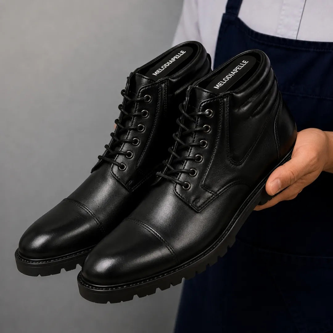 Man holding a pair of Melodiapelle Mcallen Combat Boots in black leather, close-up