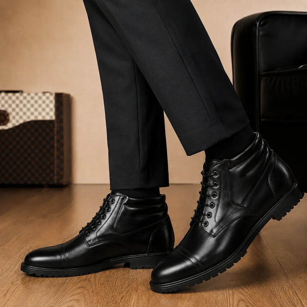 Melodiapelle Mcallen Combat Boot in black leather worn with trousers, on-feet shot