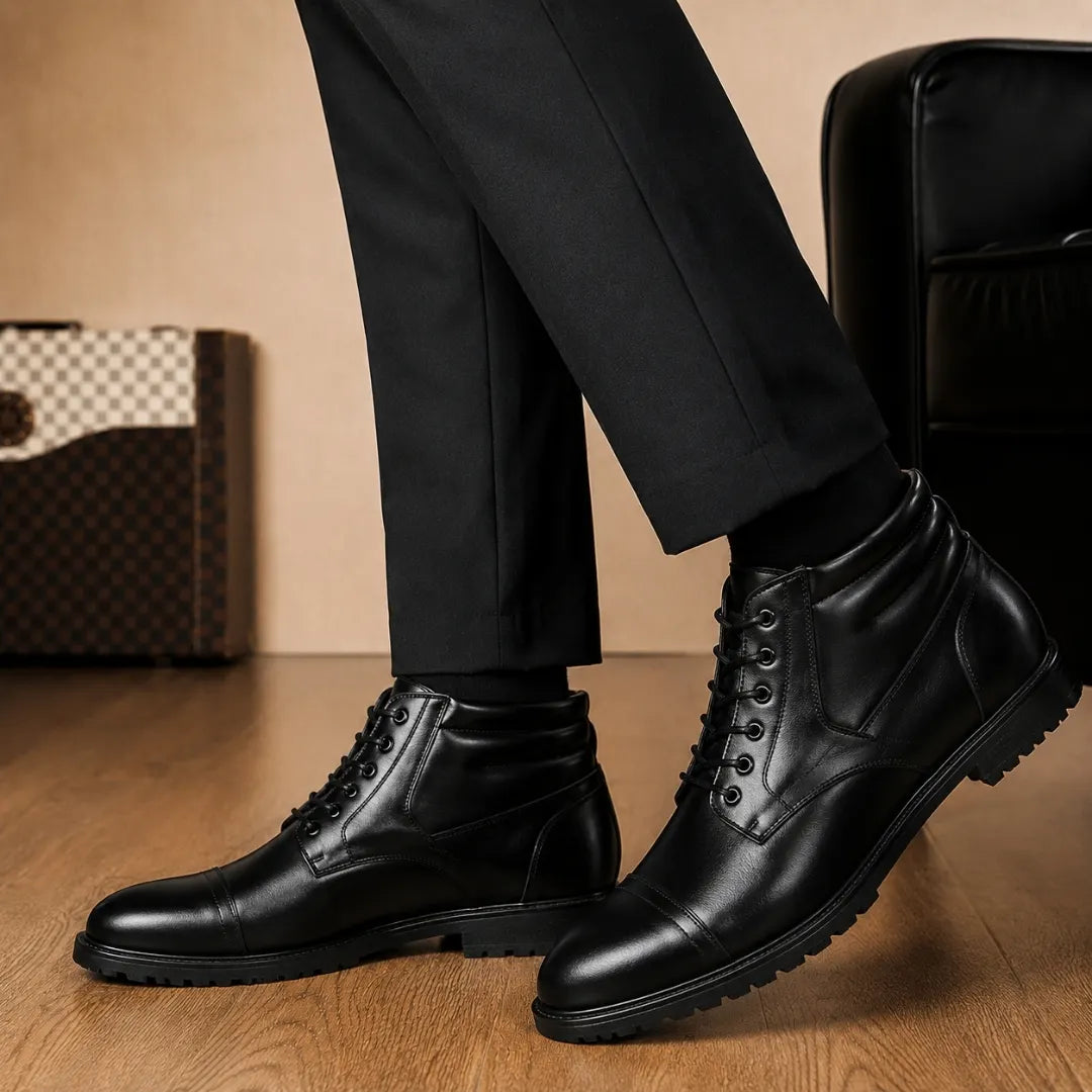 Melodiapelle Mcallen Combat Boot in black leather worn with trousers, on-feet shot