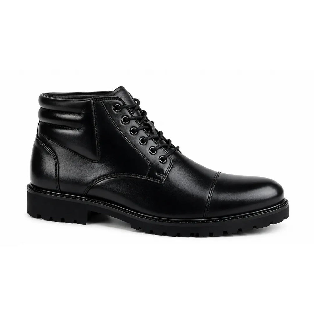 Side profile of the Mcallen Combat Boot in black leather on white background