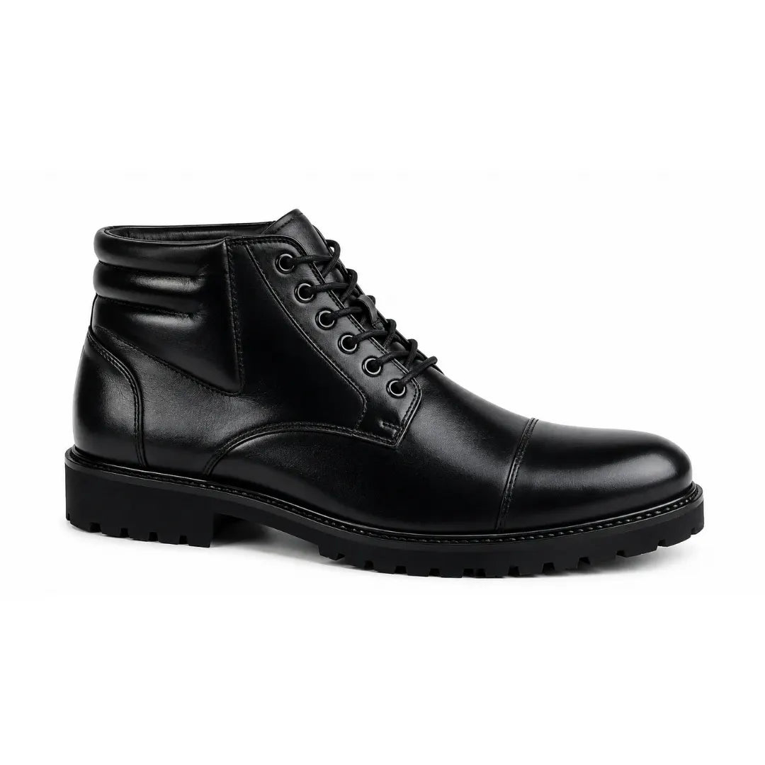Side profile of the Mcallen Combat Boot in black leather on white background