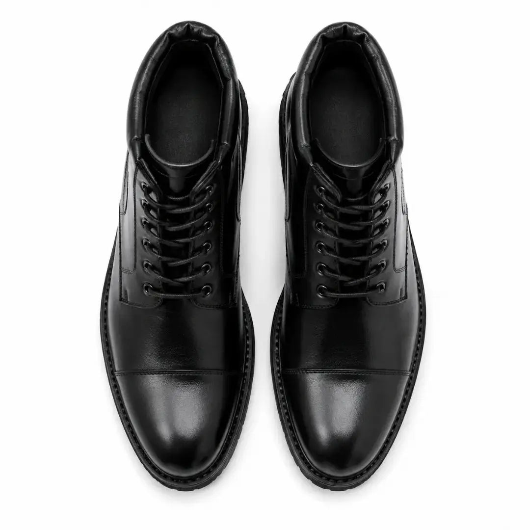 Melodiapelle Mcallen Combat Boot in black leather, pair top-down view, handcrafted in Agra