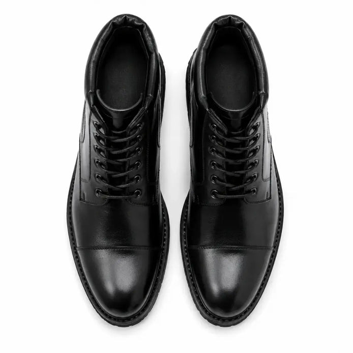 Melodiapelle Mcallen Combat Boot in black leather, pair top-down view, handcrafted in Agra