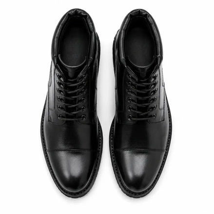 Melodiapelle Mcallen Combat Boot in black leather, pair top-down view, handcrafted in Agra