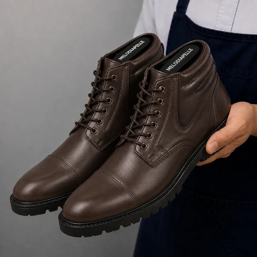 Man holding a pair of Melodiapelle Mcallen Combat Boots in dark brown leather, close-up