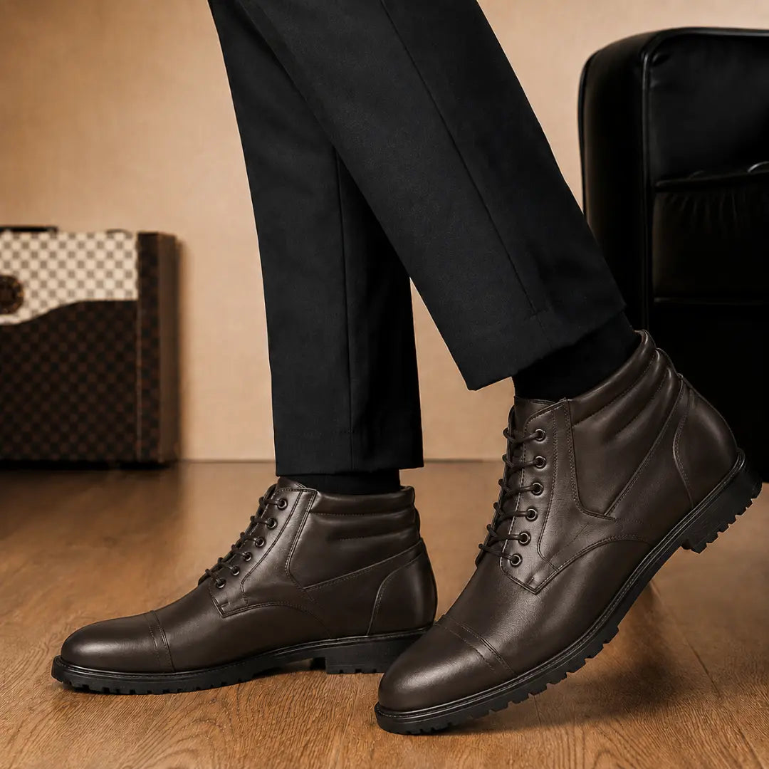 Melodiapelle Mcallen Combat Boot in dark brown leather worn with trousers, on-feet shot