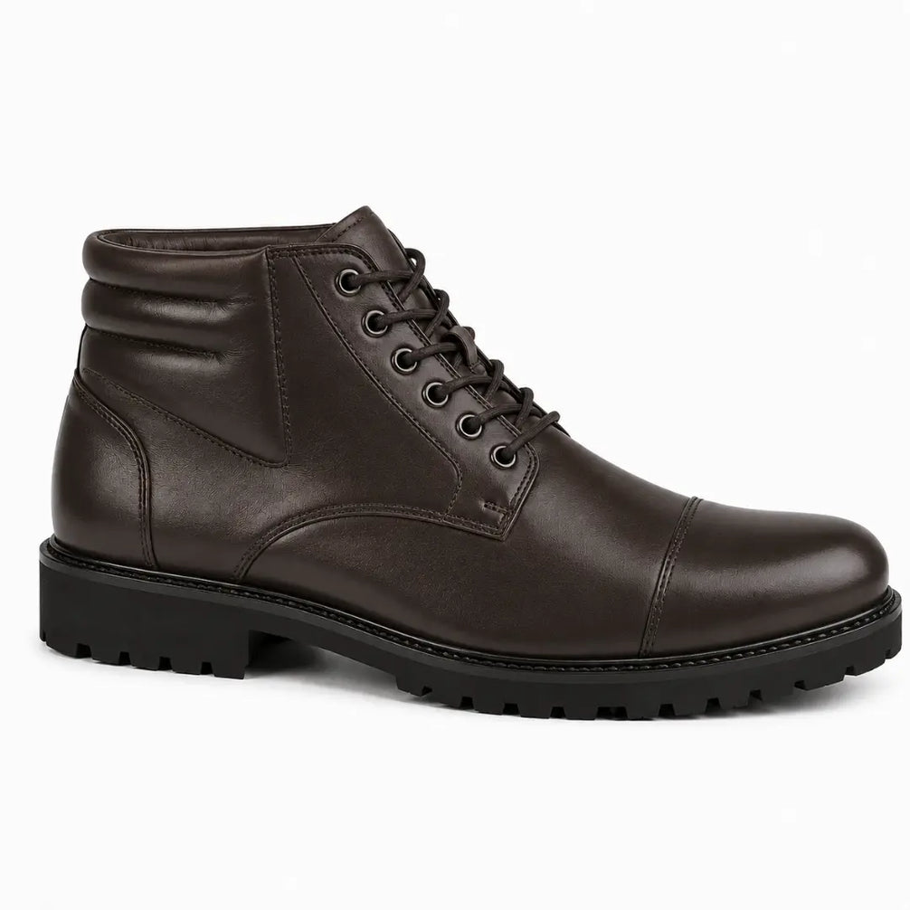 Side profile of the Mcallen Combat Boot in dark brown leather on white background