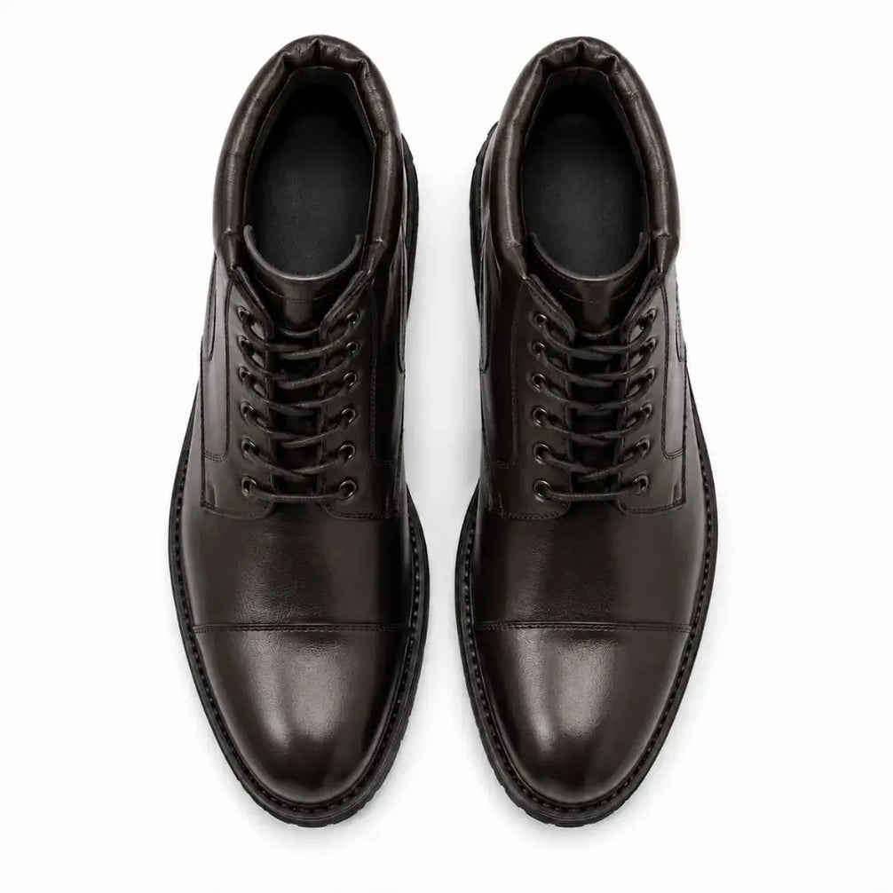 Melodiapelle Mcallen Combat Boot in dark brown leather, pair top-down view, handcrafted in Agra