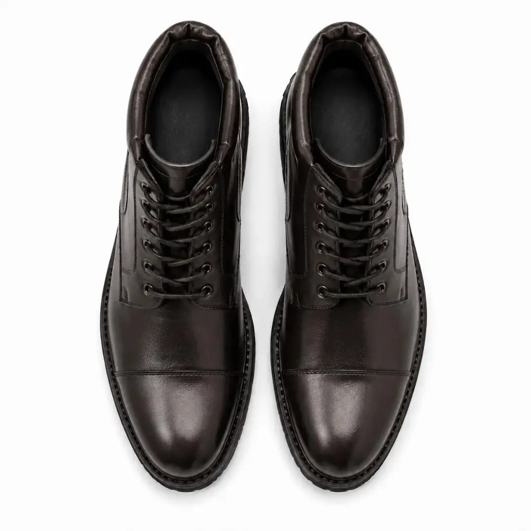 Melodiapelle Mcallen Combat Boot in dark brown leather, pair top-down view, handcrafted in Agra