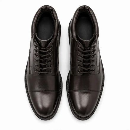 Melodiapelle Mcallen Combat Boot in dark brown leather, pair top-down view, handcrafted in Agra