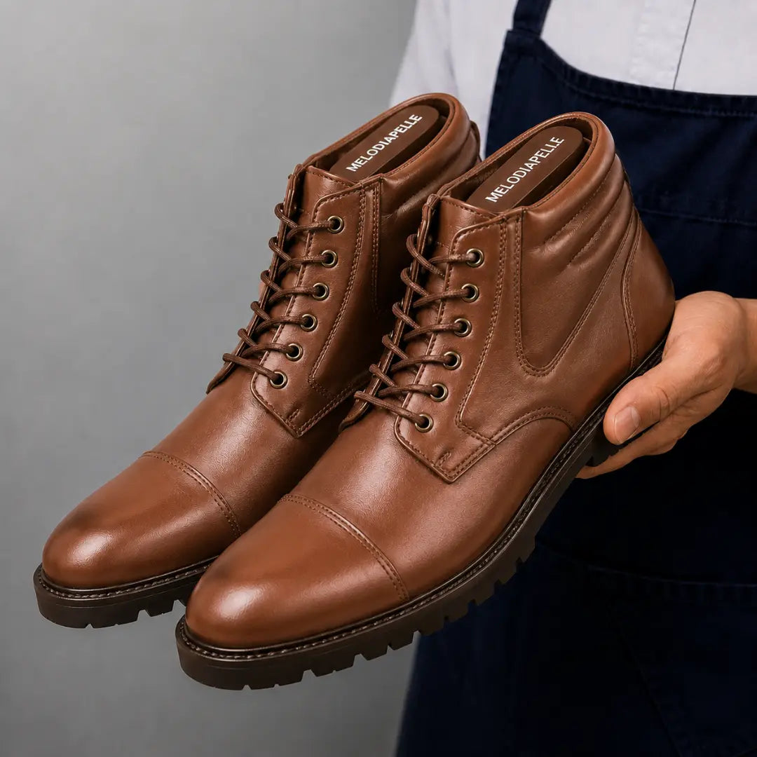 Man holding a pair of Melodiapelle Mcallen Combat Boots in tan leather, close-up