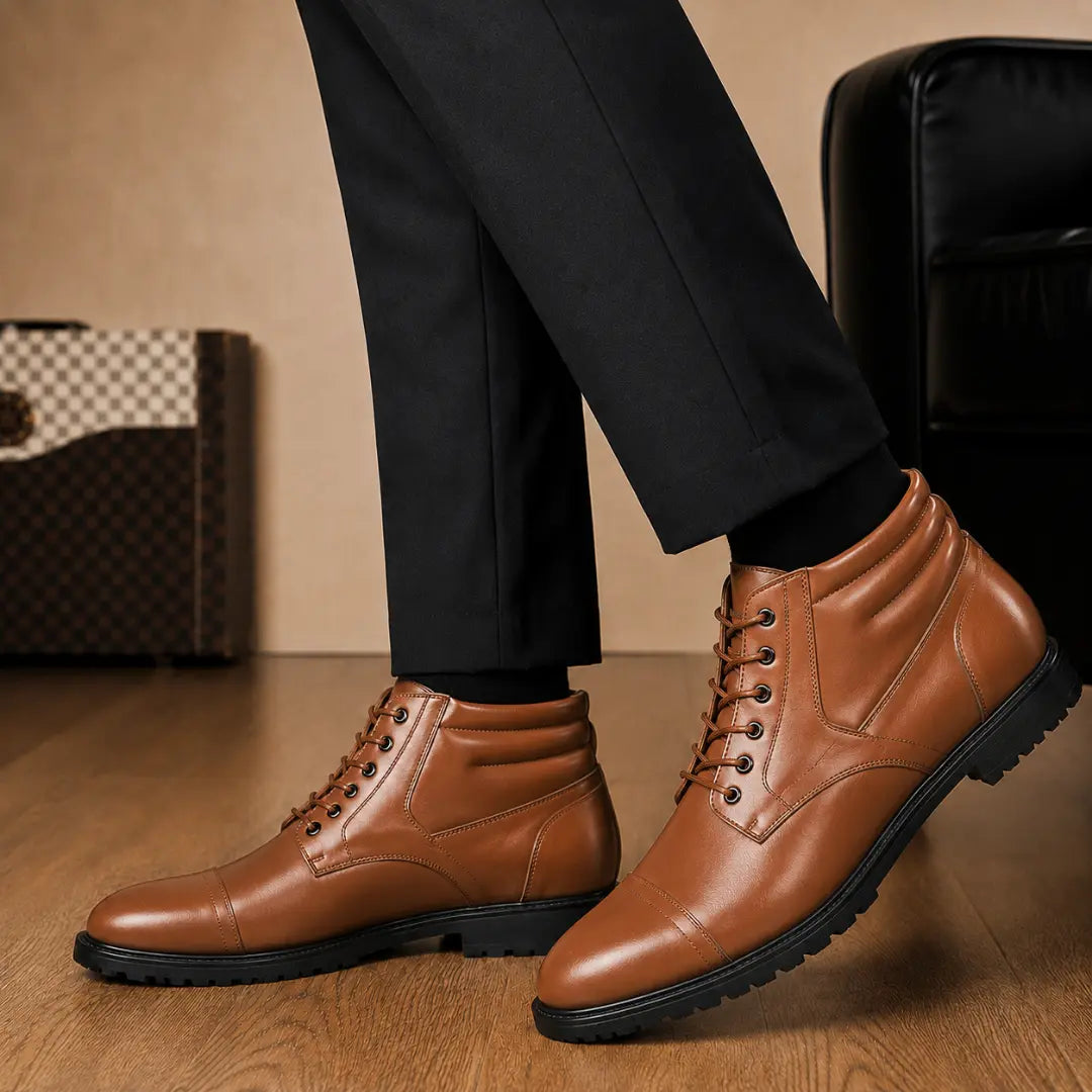 Melodiapelle Mcallen Combat Boot in tan leather worn with trousers, on-feet shot
