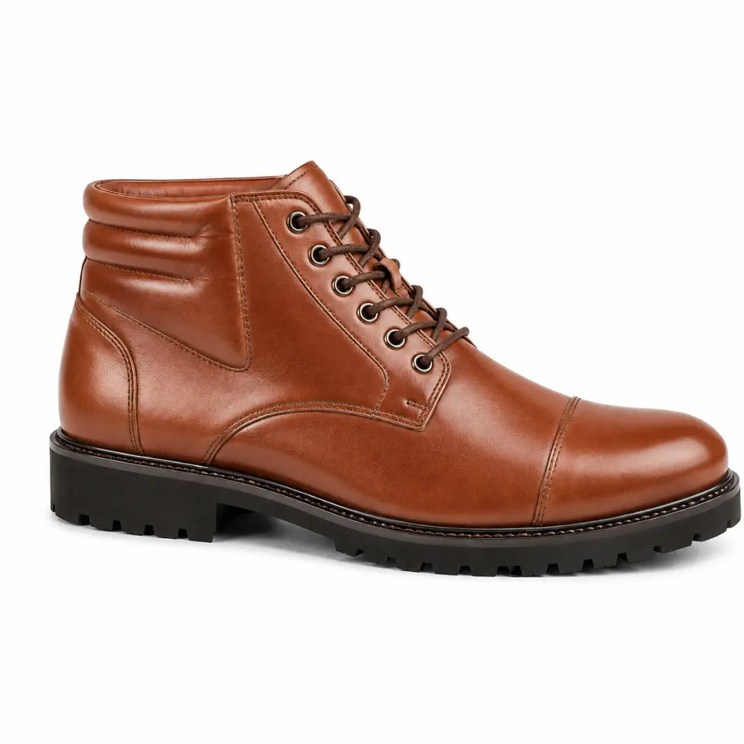 Side profile of the Mcallen Combat Boot in tan leather on white background