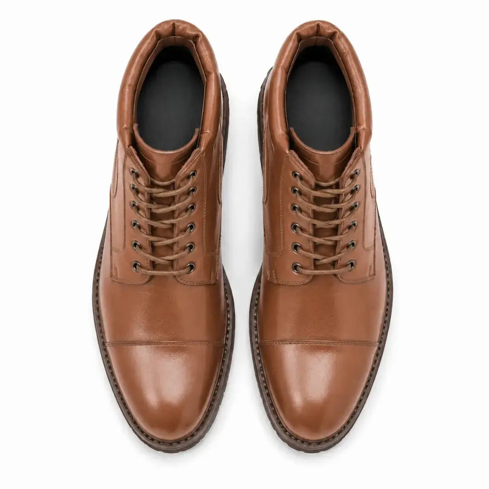 Melodiapelle Mcallen Combat Boot in tan leather, pair top-down view, handcrafted in Agra