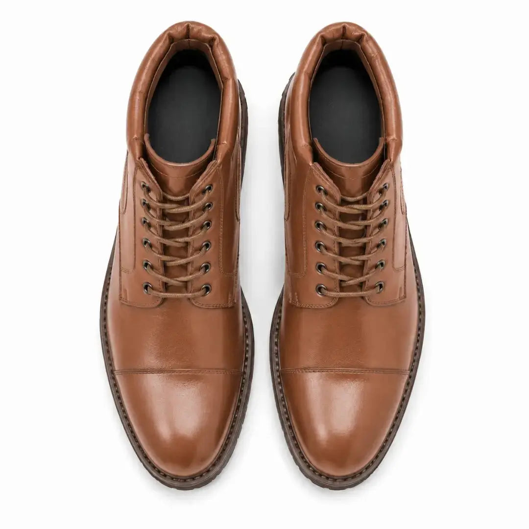 Melodiapelle Mcallen Combat Boot in tan leather, pair top-down view, handcrafted in Agra