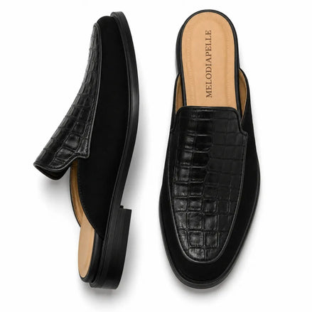 Black croc-embossed leather penny mule, three-quarter angle showing heel and texture detailing