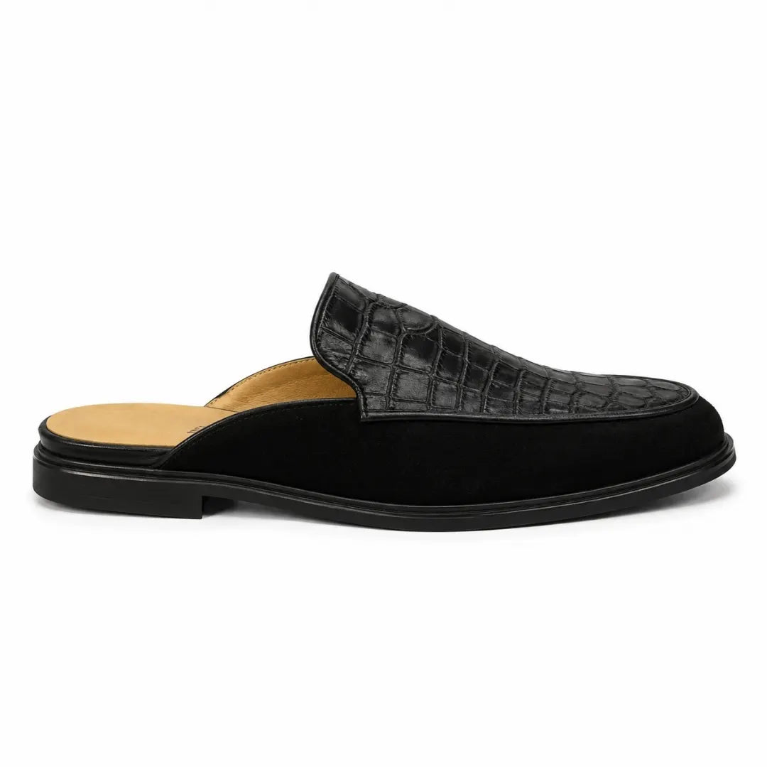 Side profile of the Mckinsey Mule in black croc-embossed leather on white background