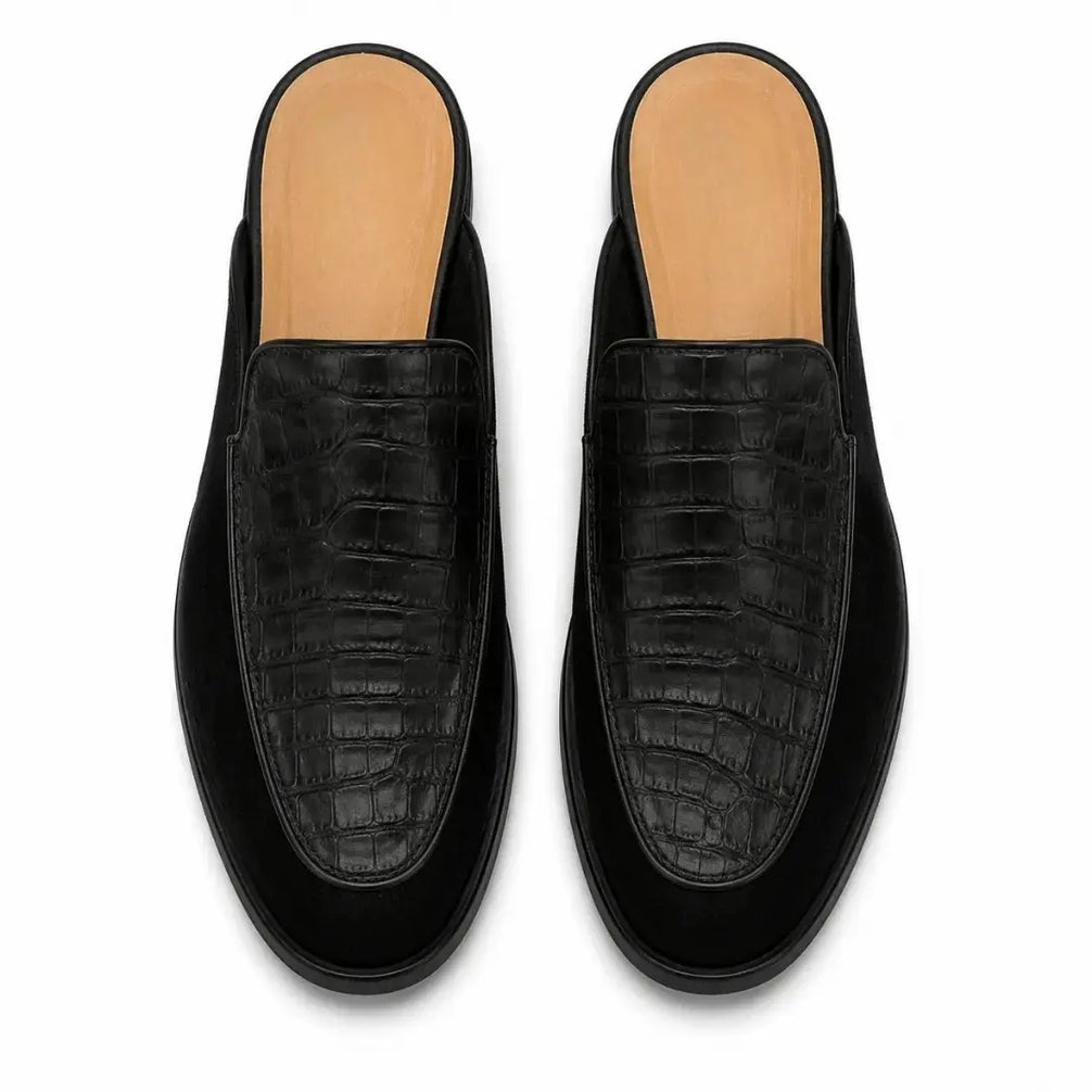 Melodiapelle Mckinsey Mule in black croc-embossed leather, pair top-down view, handcrafted in Agra