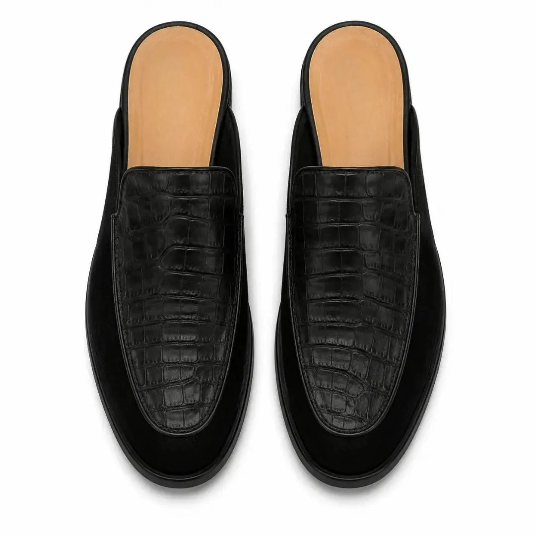 Melodiapelle Mckinsey Mule in black croc-embossed leather, pair top-down view, handcrafted in Agra