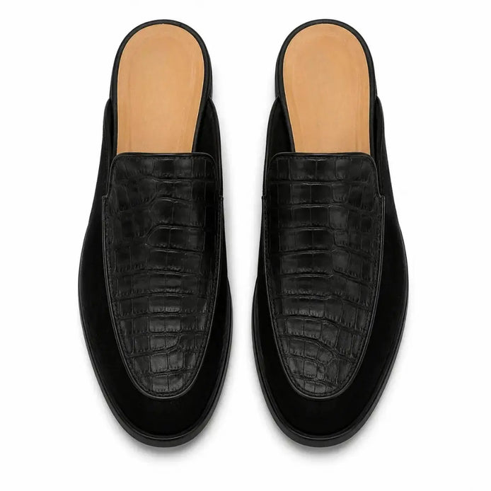 Melodiapelle Mckinsey Mule in black croc-embossed leather, pair top-down view, handcrafted in Agra