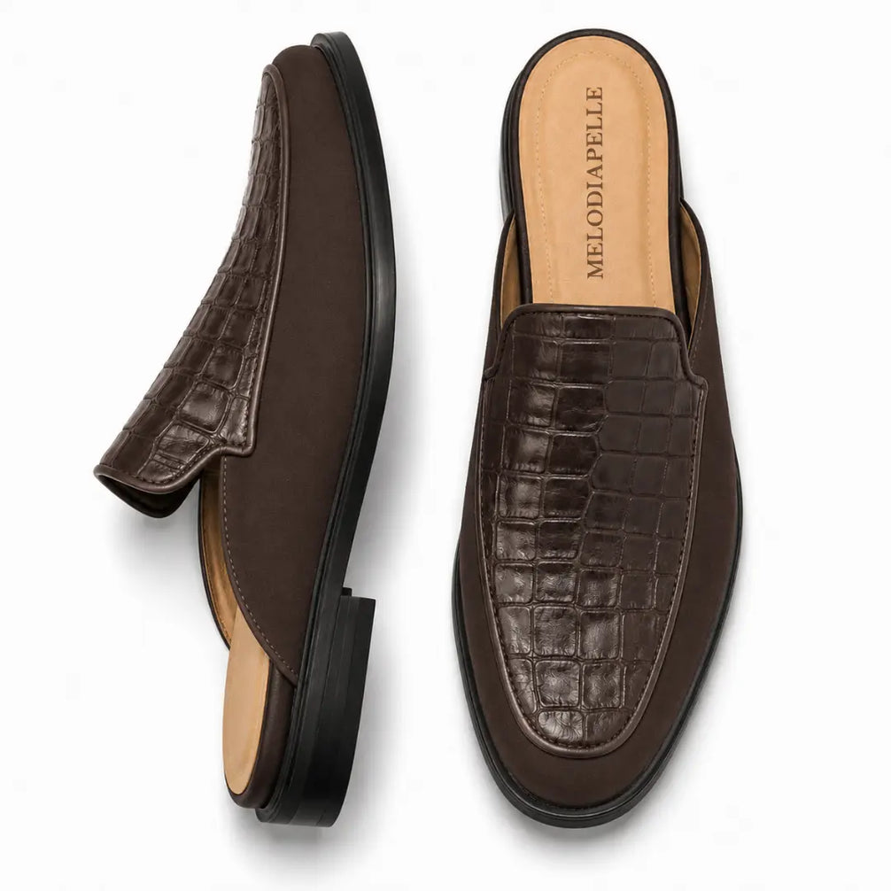 Dark brown croc-embossed leather penny mule, three-quarter angle showing heel and texture detailing
