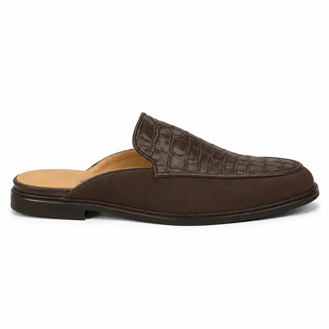 Side profile of the Mckinsey Mule in dark brown croc-embossed leather on white background