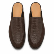 Melodiapelle Mckinsey Mule in dark brown croc-embossed leather, pair top-down view, handcrafted in Agra