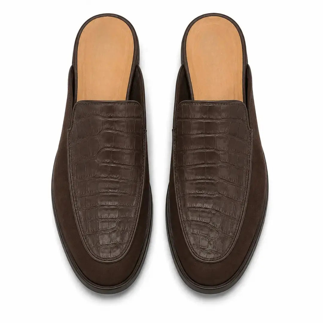 Melodiapelle Mckinsey Mule in dark brown croc-embossed leather, pair top-down view, handcrafted in Agra