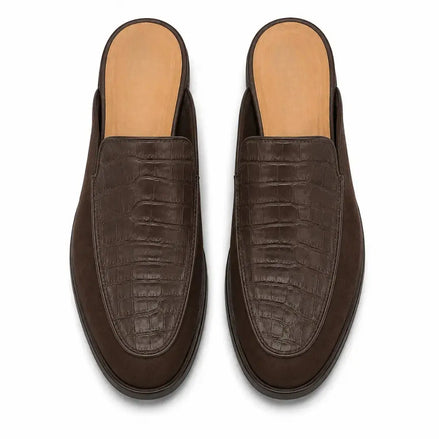 Melodiapelle Mckinsey Mule in dark brown croc-embossed leather, pair top-down view, handcrafted in Agra