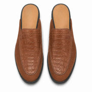 Melodiapelle Mckinsey Mule in tan croc-embossed leather, pair top-down view, handcrafted in Agra