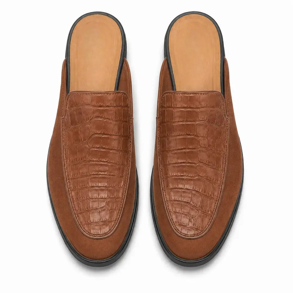 Melodiapelle Mckinsey Mule in tan croc-embossed leather, pair top-down view, handcrafted in Agra