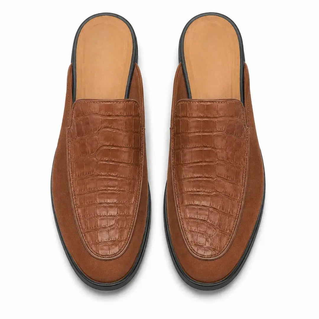 Melodiapelle Mckinsey Mule in tan croc-embossed leather, pair top-down view, handcrafted in Agra