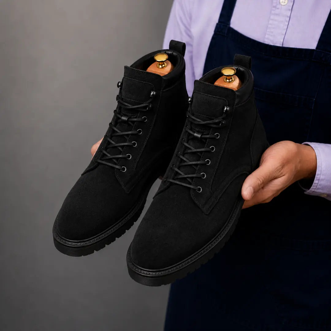 Man holding a pair of Melodiapelle Meilbourne Combat Boots in black suede, close-up