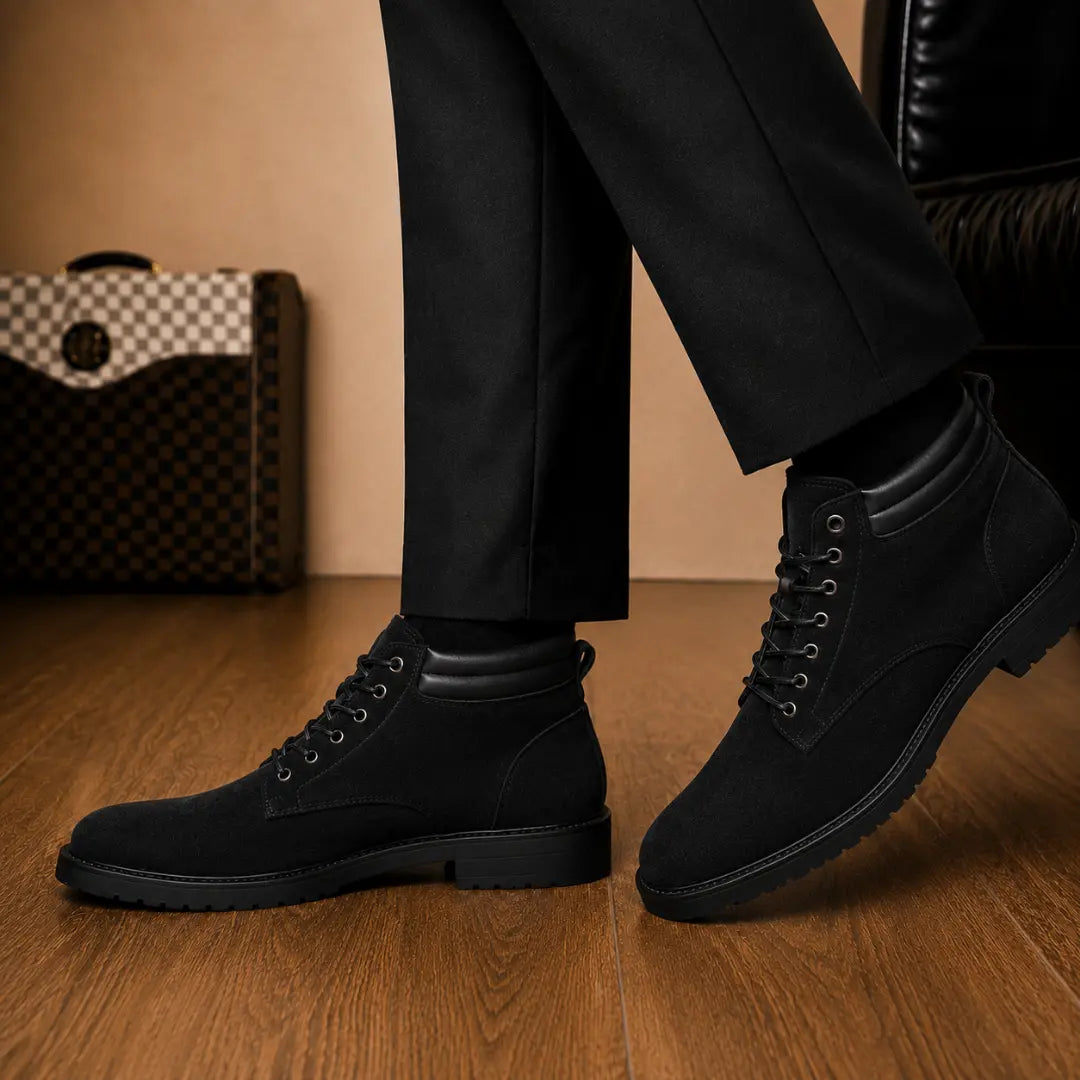 Melodiapelle Meilbourne Combat Boot in black suede worn with trousers, on-feet shot