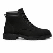 Side profile of the Meilbourne Combat Boot in black suede on white background
