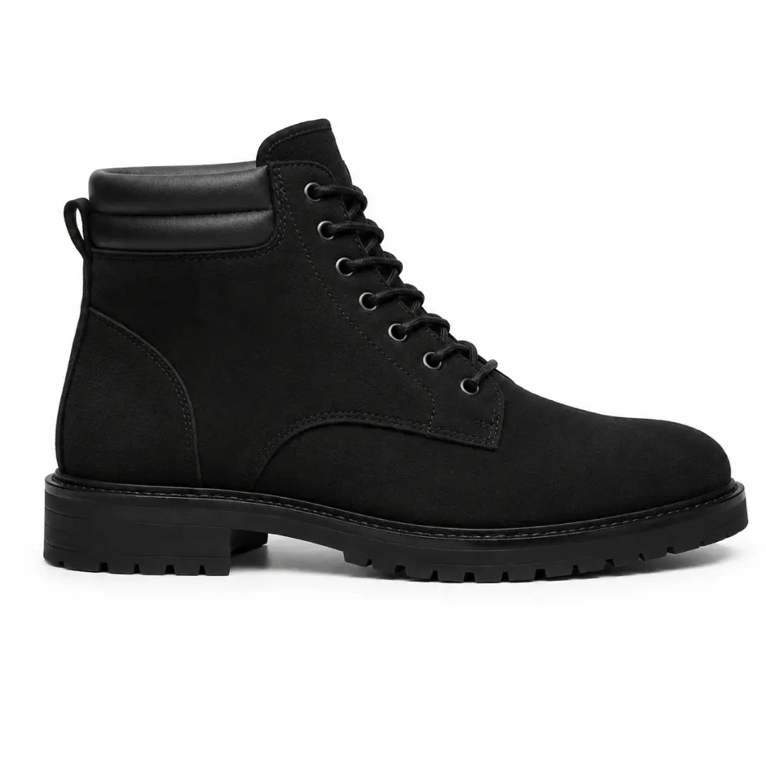 Side profile of the Meilbourne Combat Boot in black suede on white background