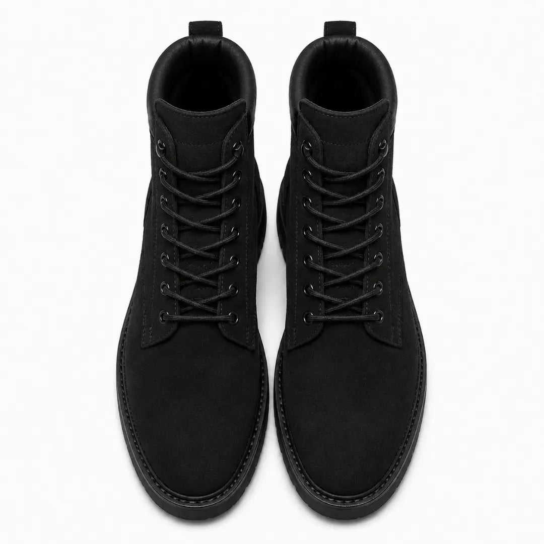 Melodiapelle Meilbourne Combat Boot in black suede, pair top-down view, handcrafted in Agra