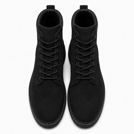Melodiapelle Meilbourne Combat Boot in black suede, pair top-down view, handcrafted in Agra
