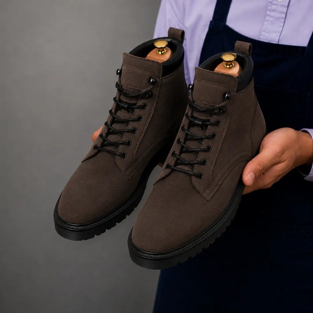Man holding a pair of Melodiapelle Meilbourne Combat Boots in dark brown suede, close-up